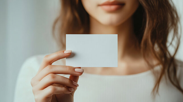 A close-up photograph of a hand holding up an empty white business card