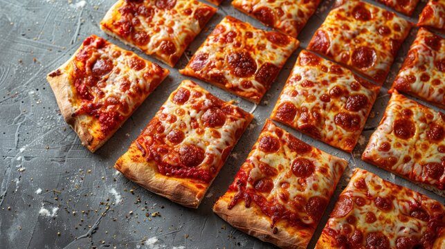Delicious rectangular slices of pepperoni pizza arranged beautifully on a rustic gray surface. Generative AI