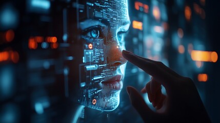 
A medium shot of a professional interacting with an AI virtual assistant on a holographic screen, advanced prompt engineering interface visible, soft ambient lighting, cool blue tones