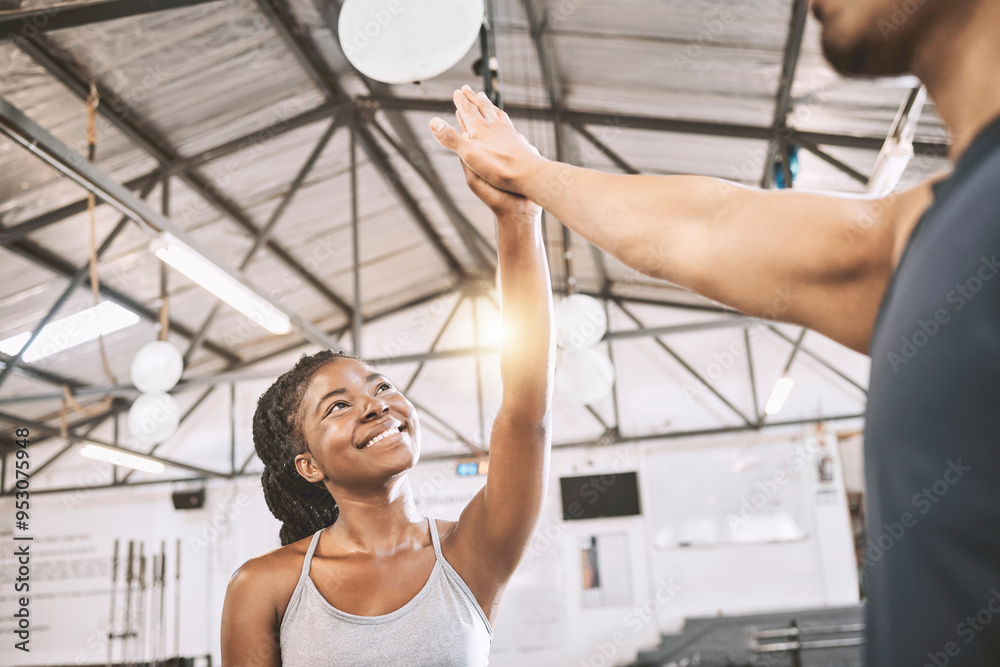 Poster High five, fitness and team of athletes in gym with achievement, challenge or training together. Happy, celebration and young man and woman cheering for workout partnership goals in sports center.