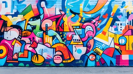 Street art mural in a vibrant urban area with graffiti diverse people and bright colors creating a dynamic and energetic scene with 3D-rendered elements
