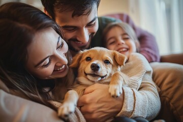 A cheerful family joyfully welcomes a playful puppy into their warm and loving home.