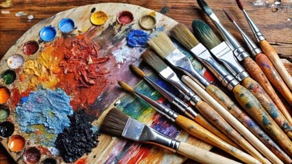 Fototapeta premium A Colorful Palette with Various Paintbrushes