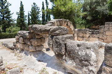 Ruins  of stone arches of main entrance of the synagogue from 1st 2nd centuries AD near Beit Shearim necropolis near Kiryat Tivon city in northern Israel