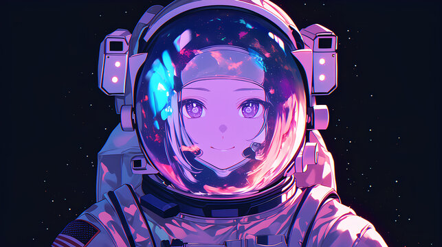 Cute anime avatar astronaut uniform, elegant astronaut person on black space background