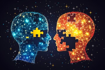 Naklejka premium Neural Sparks of Love A Couple Celebrating Their Cognitive Connection with Radiant Brain Visualizations Under a Glowing Evening Sky