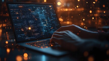 A close-up shot of a person using a laptop to fine-tune AI chatbot responses, complex AI prompt codes on the screen, dim workspace lighting,