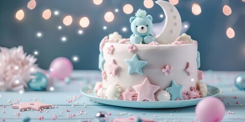 Customizable Birthday Cake Adorned with a Baby Bear and Moon for Your Child's Name