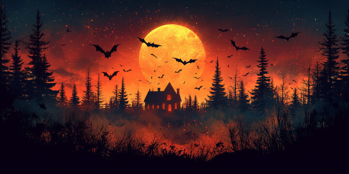 Fototapeta Halloween night with a spooky house and bats, Halloween background