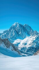 Obraz premium Scenic view of the Zugspitze mountain, Germany's highest peak, with snow-covered slopes, clear blue sky, a ski resort in the valley below, winter sports destination. 