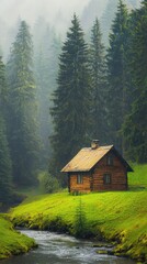 Rustic wooden cabin in the Black Forest, surrounded by tall pine trees, soft morning light filtering through the trees, a small stream flowing nearby, peaceful and secluded. 