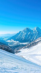 Scenic view of the Zugspitze mountain, Germany's highest peak, with snow-covered slopes, clear blue sky, a ski resort in the valley below, winter sports destination.

