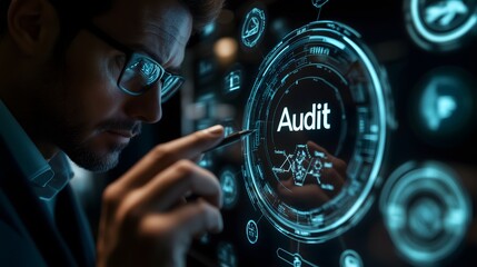 A close-up shot of a businessman analyzing a virtual audit report with icons and the word "Audit" prominently displayed, modern interface, shot with a Sony A7S III, 50mm lens, clear and focused detail