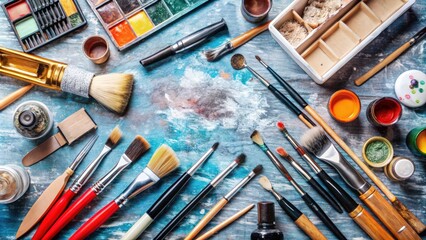 Fototapeta premium Assorted Artist's Supplies on a Blue Wooden Surface