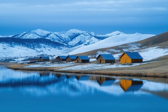 Serene lakeside village during Tsagaan Sar, Lunar New Year in Mongolia. 