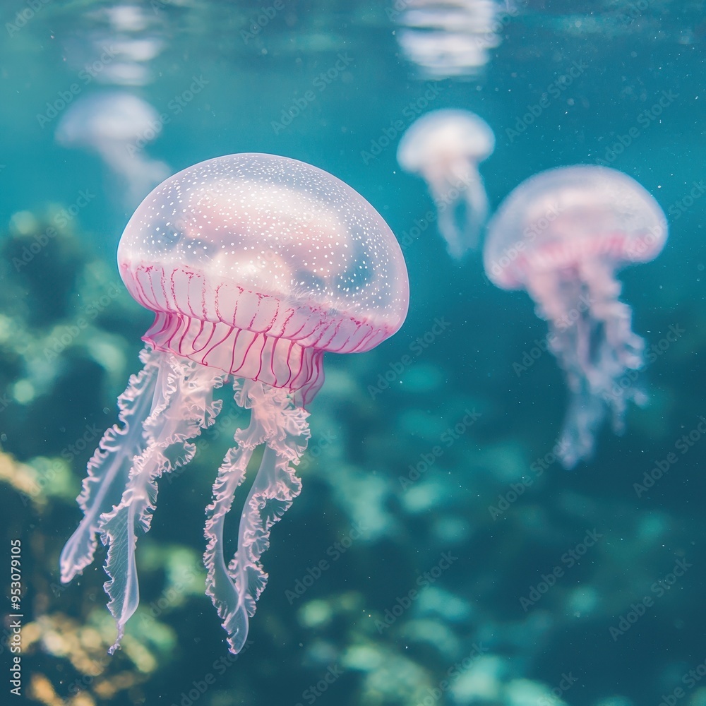 Poster pink jellyfish swimming in blue ocean water