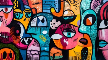 Obraz premium Street art mural in a city setting with vibrant graffiti bright colors and diverse people bold lines and edgy style with 3D-rendered elements