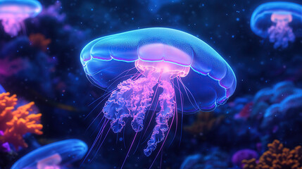 Obraz premium 3D render of a glowing blue jellyfish in the dark ocean