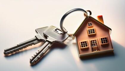 House keys with house shaped keychain, isolated on white background