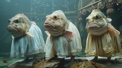 Blob fish beauty pageant, an underwater runway with anthropomorphic judges, creating a humorous, playful scene 