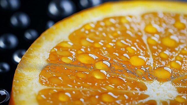 A close-up of a fresh orage slice reveals its distinctive seed pattern and vivid orange colour.