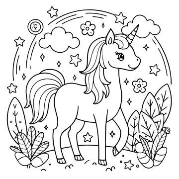 A coloring page of a unicorn eyecatching Illustrative eyecatching accessible.