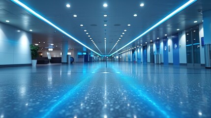 A tranquil, modern underground corridor illuminated by electric blue lights in a bustling urban area. Generative AI