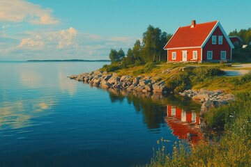 Obraz premium Tranquil coastal village during Juhannus, Midsummer celebration in Finland. 