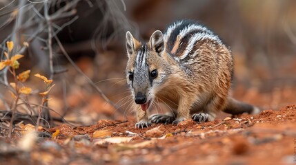 Obraz premium Numbat foraging for termites in the Australian outback, its long tongue visible as it searches for food among the dry, red earth 
