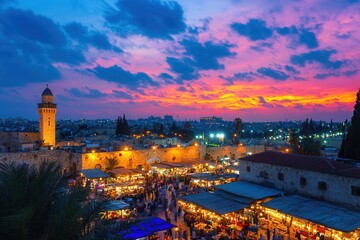 Obraz premium Twilight sky over a bustling market during Hanukkah in Israel.