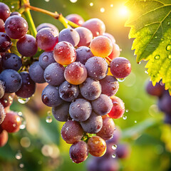 A bunch of ripe grapes in raindrops close-up