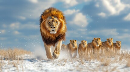 A lion leads its pride across snowy plains, a rare scene symbolizing strength, adaptability, and survival in harsh conditions.