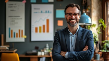 Fototapeta premium A smiling business leader stands confidently in an office with growth charts in the background, symbolizing leadership, success, and business growth.