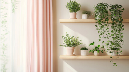 Light pink curtains, light beige walls with wooden shelves decorated with green plants in pots
