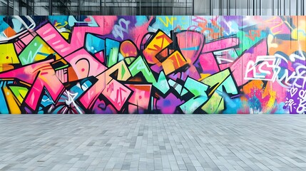 Colorful graffiti mural in a vibrant urban setting with bright colors and a diverse crowd bold...