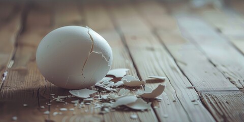 Vertical image of a shattered white eggshell on the ground with space for text.