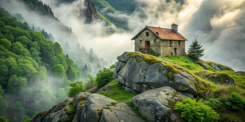 Medieval stone house on boulder in misty mountain landscape with green foliage