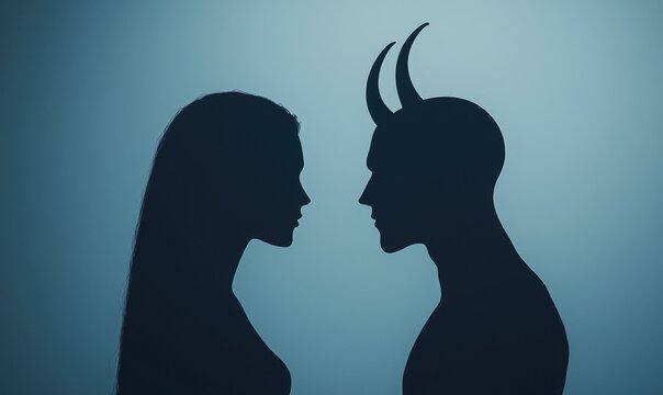 A dramatic silhouette of a woman facing a horned figure, symbolizing the clash between good and evil in a conceptual scene.