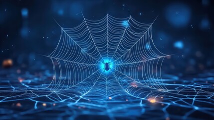 A mesmerizing blue spider web glistening with dew drops, set against a soft, blurred background, evoking a sense of tranquility and beauty.