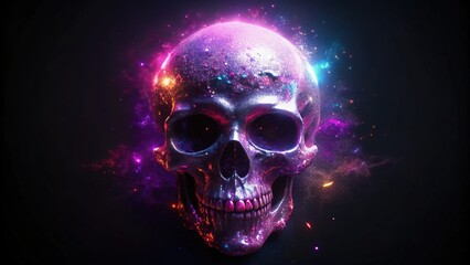 A Glittering Skull with Neon Lights and Cosmic Dust