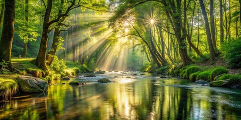 Fototapeta premium Tranquil river flowing through lush forest with sun rays illuminating the scene
