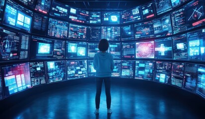 Fototapeta premium A person stands in a futuristic control room surrounded by multiple screens displaying data and analytics, emphasizing technology.