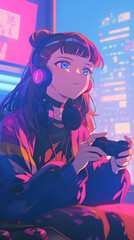 Kawaii girl playing video games, Cute gamer anime with neon colors, Vertical background