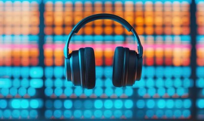 A modern black headphone suspended against a vibrant, colorful audio waveform background, ideal for music and technology themes.