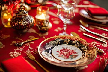 Elegant dining setup with intricate dishware and festive decor on a beautiful red tablecloth, perfect for special occasions.
