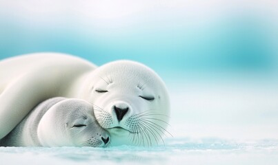 Naklejka premium A serene scene of a mother seal and her pup cuddling peacefully, showcasing love and warmth in a beautiful aquatic setting.