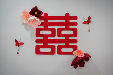 Chinese wedding decoration with a mandarin character word 喜喜 meaning wedding celebration.