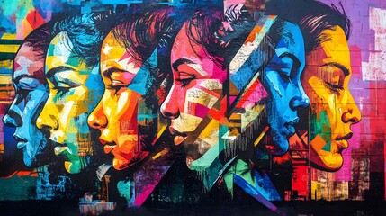 Fototapeta premium Street art mural in a city setting with graffiti vibrant colors and diverse people bold and edgy with strong lines and detailed 3D elements