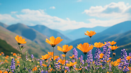 Fototapeta premium Close-up photo of orange and purple flowers in the foreground, with mountains and a blue sky in the background