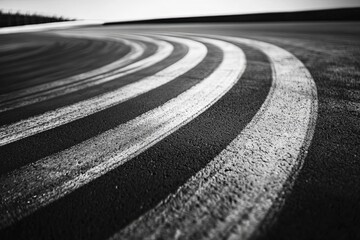 A monochromatic image of fresh tire marks on a deserted racetrack, with the patterns creating a dynamic composition that conveys the energy and tension of a race